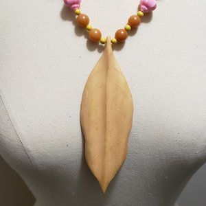 Yellow Fun Wood Leaf Handmade Statement Necklace.